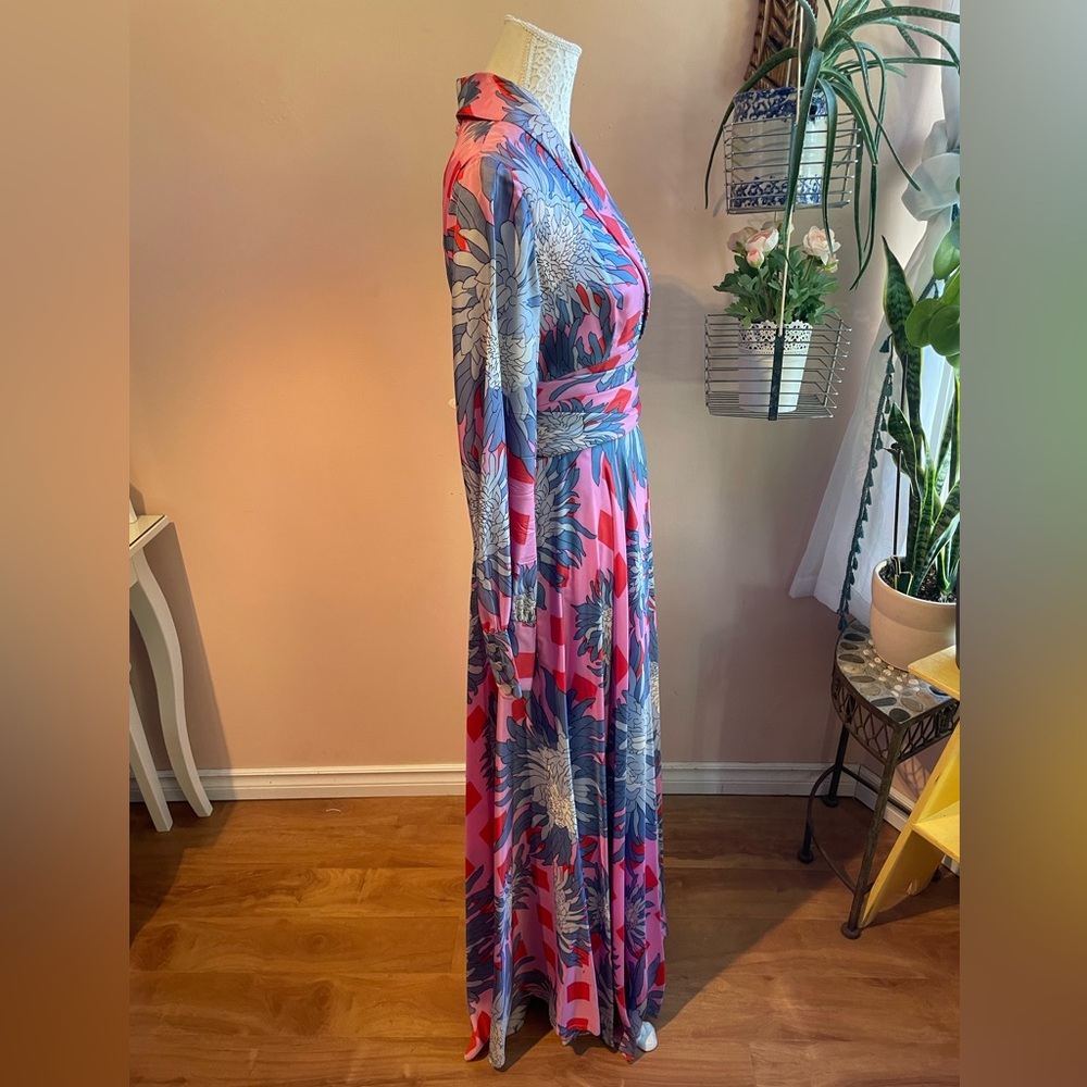 Outrageously Gorgeous Vintage Floral Print Maxi Dress Belted Gown, Size Medium - Picture 3 of 16